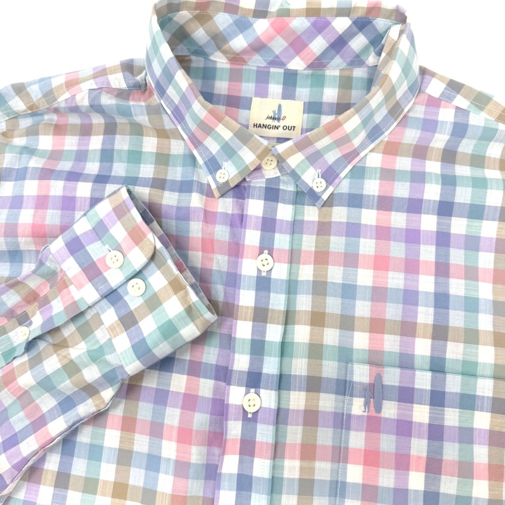Johnnie-O Hangin Out Mens XL Multi Color Plaid Cotton Button Down Shirt Logo